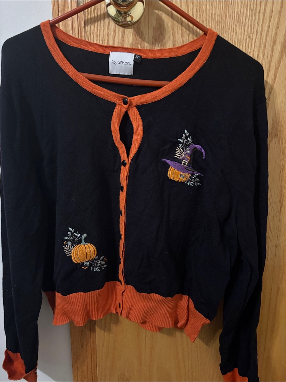 Unique Vintage Black Cardigan with Orange Trim and Halloween Embroidery